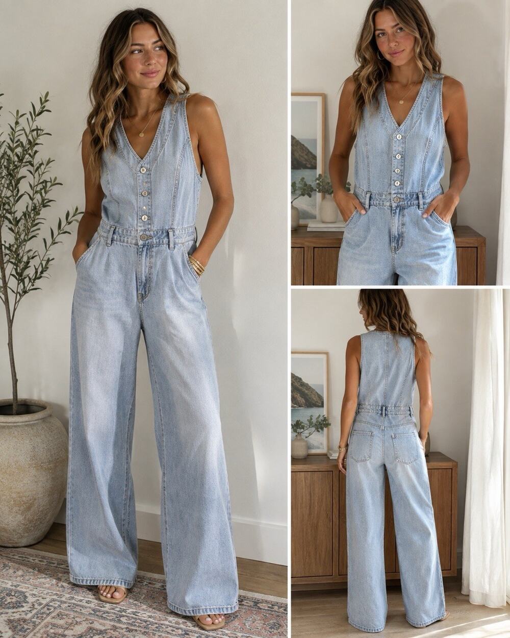 Given Kale Light Wash Denim Wide Leg Jumpsuit Size Small Button Front Y2K
